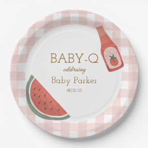 Papel Plato Circular Baby-Q de Gingham Rosa