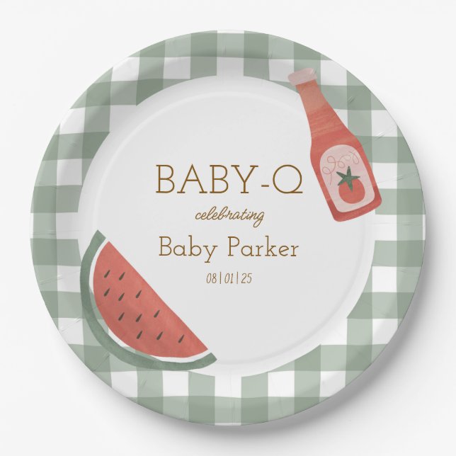 Papel Plato circular Baby-Q de gingham verde (Anverso)