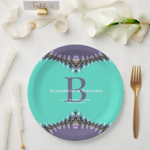 Papel Plato conmemorativo de boda Aqua y encaje púrpura