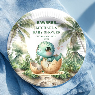 Papel Plato de Baby Shower de Dinosaurio Azul Precioso q