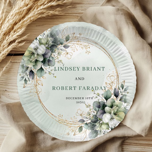 Papel Plato de boda de follaje con nombre personalizado  (Boho Dusty Green Custom Name Foliage Wedding Plates)
