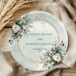 Papel Plato de boda de verde salvia boho con nombre pers