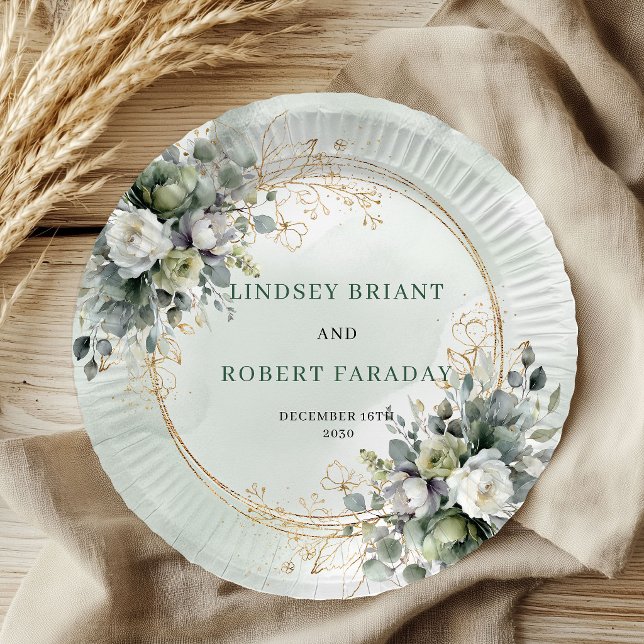 Papel Plato de boda de verde salvia boho con nombre pers (Boho Sage Green Custom Name Greenery Wedding Plates)