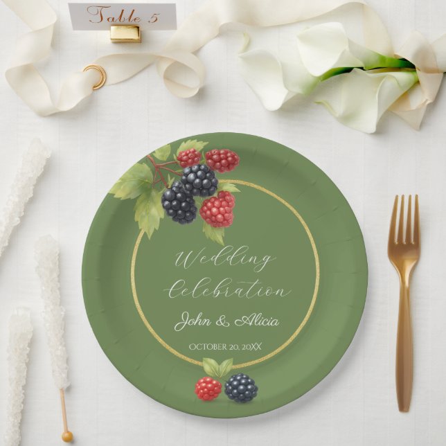 Papel Plato de Boda Dorado de Baya Verde Rústico Elegant (Boda)
