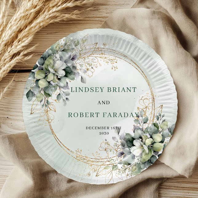 Papel Plato de Boda Personalizado Boho Acuarela Verde (Boho Watercolor Greenery Personalized Wedding Plates)