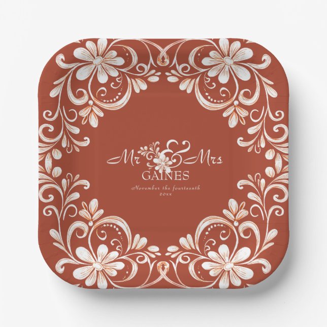 Papel Plato de boda Sunset Rust Shabby Chic Sr y Sra (Anverso)