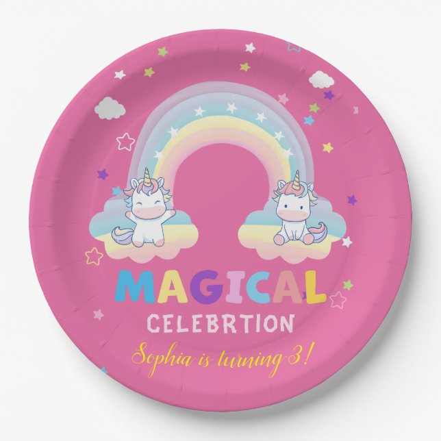Papel Plato de Celebración Mágica de Arcoíris (Anverso)