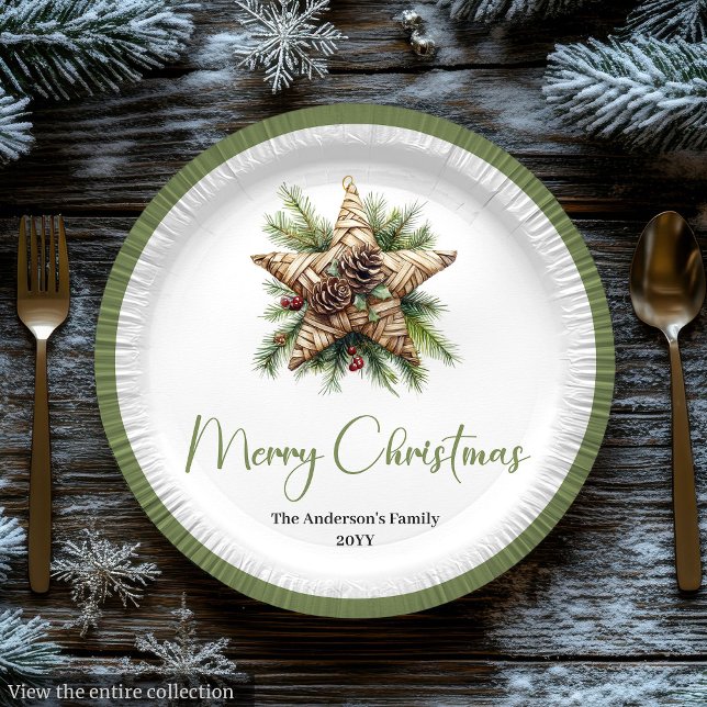 Papel Plato de cena de árbol de Navidad botánico boho el (Elegant Boho Botanical Christmas Tree Dinner Plates)