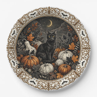 Papel Plato de cena de gato negro de Halloween gótico vi