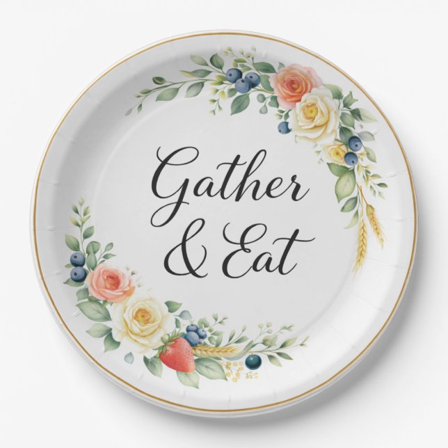 Papel Plato de cena floral elegante 'Gather & Eat' (Anverso)