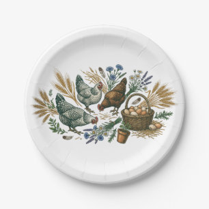 Papel Plato de cerámica de granja rústica con gallinas y