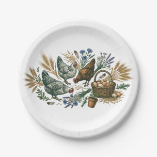 Papel Plato de cerámica de granja rústica con gallinas y