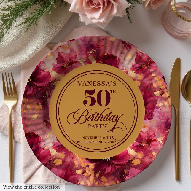 Papel Plato de Cumpleaños 50 Lujo Boho Marsala Rubor Dor (Luxury Boho Marsala Blush Gold 50th Birthday Plate)