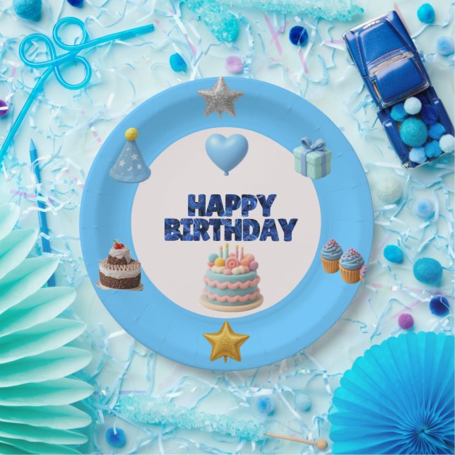 Papel Plato de cumpleaños azul personalizable (Fiesta)