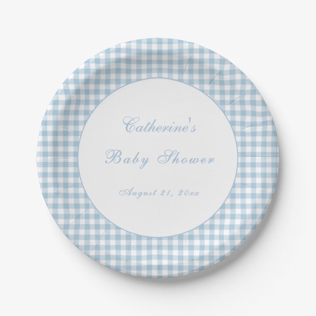 Papel Plato de Cumpleaños Clásico de Gingham Azul Polvo  (Anverso)