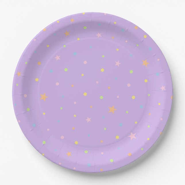 Papel Plato de Cumpleaños con Confeti Morado Pastel (Anverso)
