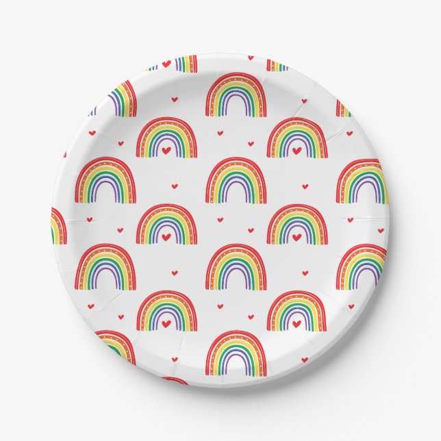 Papel Plato de cumpleaños de Arcoíris y Corazones (Anverso)