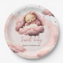 Papel Plato de cumpleaños de bebé con oso rosa en nubes