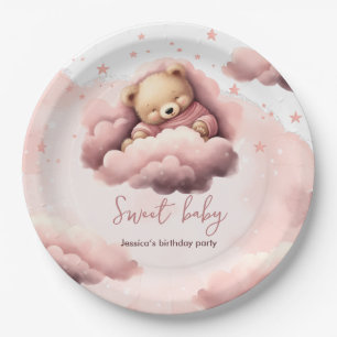 Papel Plato de cumpleaños de bebé con oso rosa en nubes