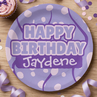 Papel Plato de cumpleaños de color morado claro con nomb