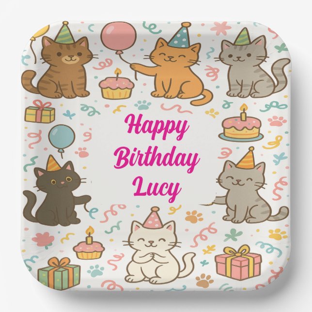 Papel Plato de Cumpleaños de Gato Adorable con Nombre Pe (Anverso)