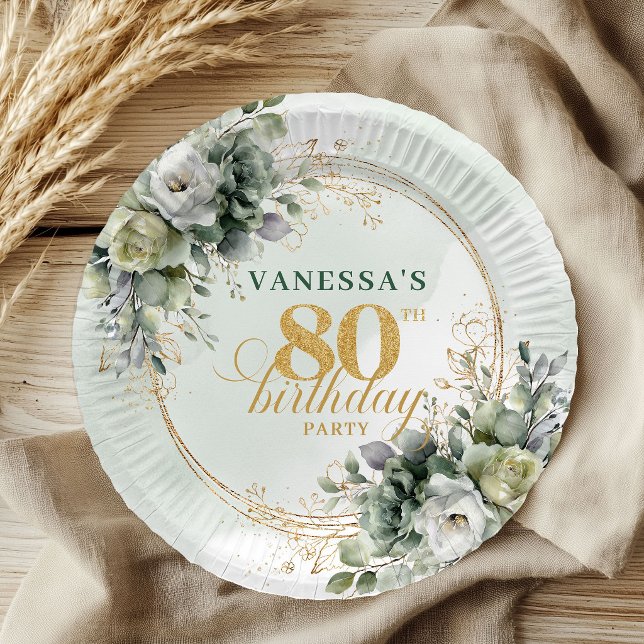 Papel Plato de cumpleaños número 80 estilo boho con foll (Green White Foliage 80th Birthday Boho Style Plates)