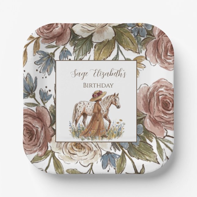 Papel Plato de cumpleaños para amante de caballos elegan (Anverso)