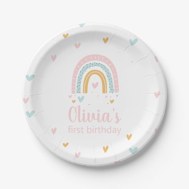 Papel Plato de Cumpleaños Primero de Arcoíris (Anverso)