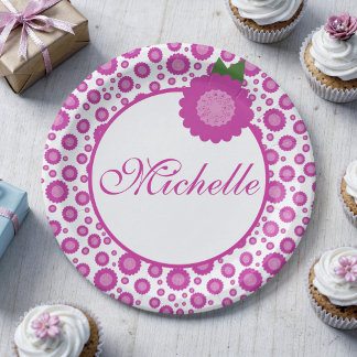 Papel Plato de fiesta con flores manchadas de rosa y tex