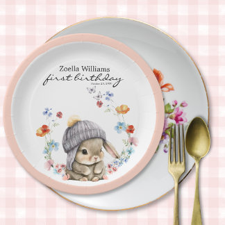Papel Plato de fiesta de conejo lindo y elegante con flo