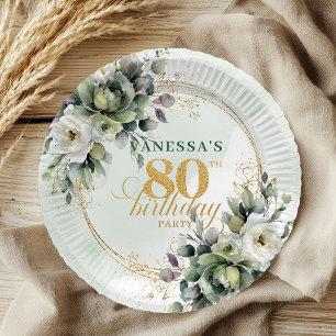 Papel Plato de fiesta de cumpleaños 80 Greenery Gold Wat