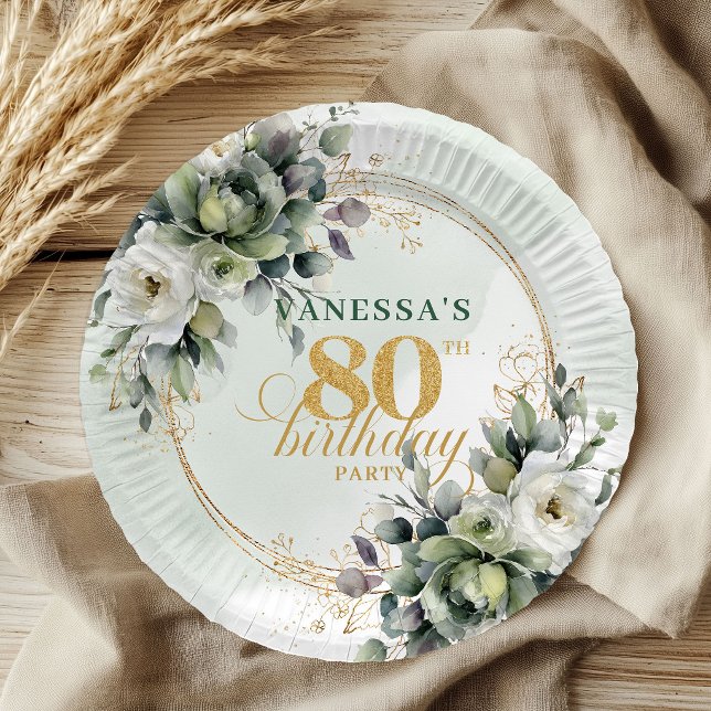 Papel Plato de fiesta de cumpleaños 80 Greenery Gold Wat (Greenery Gold Watercolor 80th Birthday Party Plates)