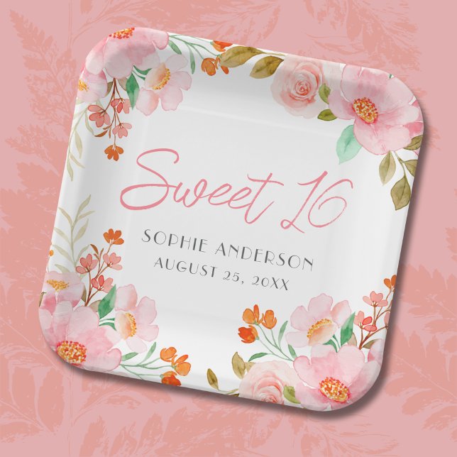 Papel Plato de fiesta de cumpleaños Sweet 16 con flores  (Subido por el creador)