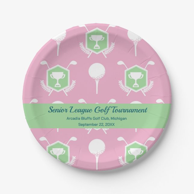 Papel Plato de fiesta de liga de golf rosa y verde (Anverso)