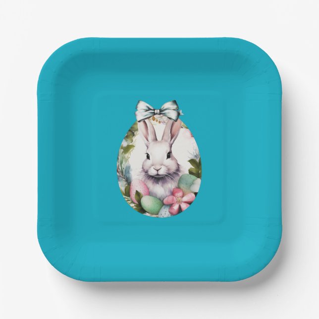 Papel Plato de fiesta de Pascua con conejo y arco en azu (Anverso)