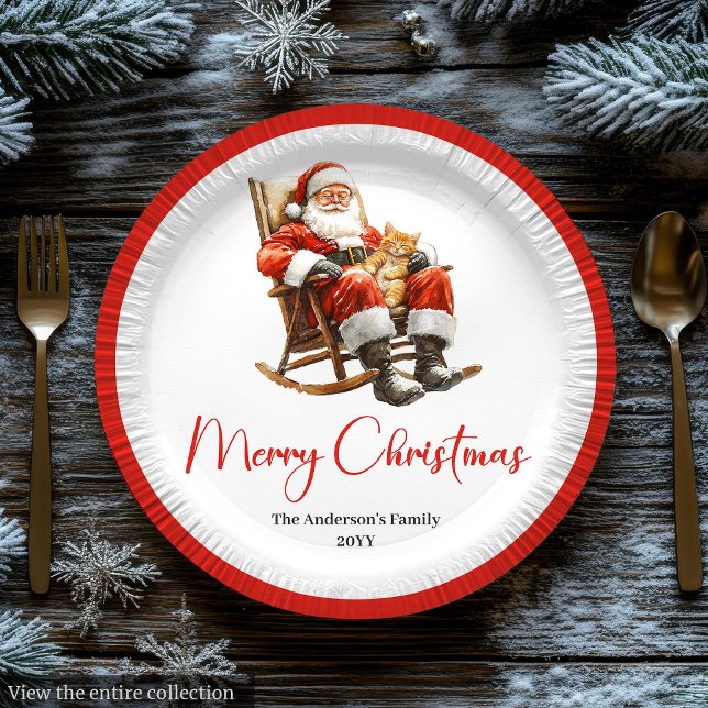 Papel Plato de fiesta personalizable con nombre de Papá  (Merry Santa Claus Custom Name Editable Party Plate)