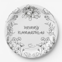 Papel Plato de Navidad Floral Blanco Negro Elegante