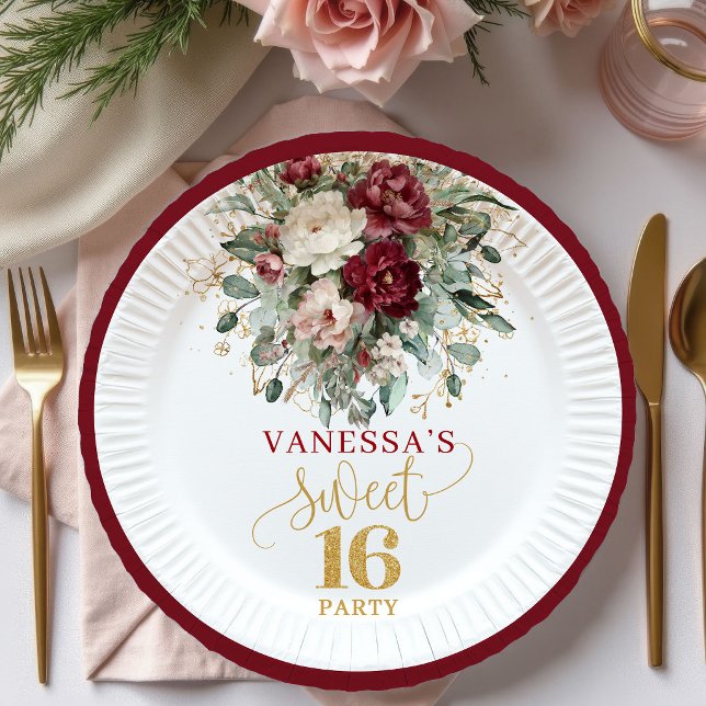 Papel Plato de oro rosa burgundy dulce cumpleaños 16 (Fancy Sweet 16 Blush Burgundy Gold Plate)