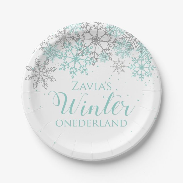 Papel Plato de primer cumpleaños Winter Onederland azul  (Anverso)