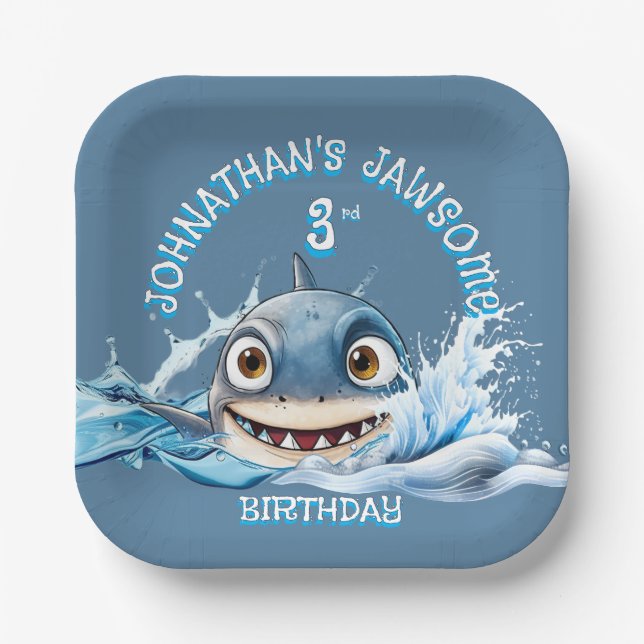 Papel Plato de Tiburón Jawsome | Cumpleaños azul de niño (Anverso)