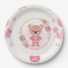Papel Plato para Baby Shower de Osito de Peluche Rosa