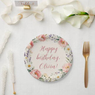 Papel Plato personalizado de cumpleaños feliz con flores