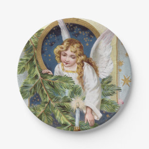 Papel Plato vintage de fiesta Angel navideño