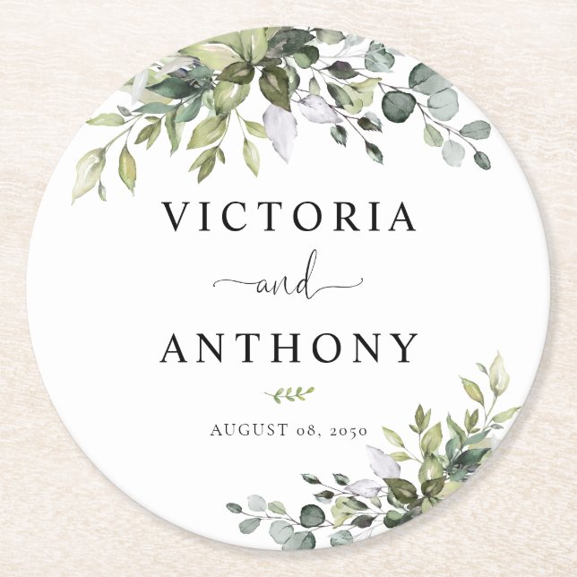 Papel Posavasos redondo de boda con eucalipto (Anverso)