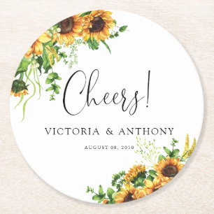 Papel Posavasos Redondo de Boda con Girasoles y Cheers