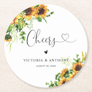 Papel Posavasos Redondo de Boda con Girasoles y Cheers