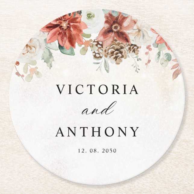 Papel Posavasos redondo de boda de invierno (Anverso)