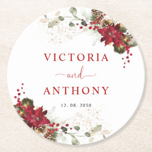 Papel Posavasos Redondo de Boda de Navidad Floral Rojo