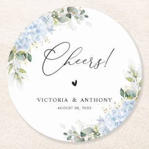 Papel Posavasos Redondo de Boda Floral Hortensia Azul