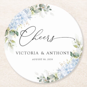 Papel Posavasos Redondo de Boda Floral Hortensia Azul
